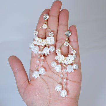Light Weight Gold Swarovski Crystal Faux pearl White Floral Drop Hoop earrings, Long Tassel Bridal Earrings Statement earrings